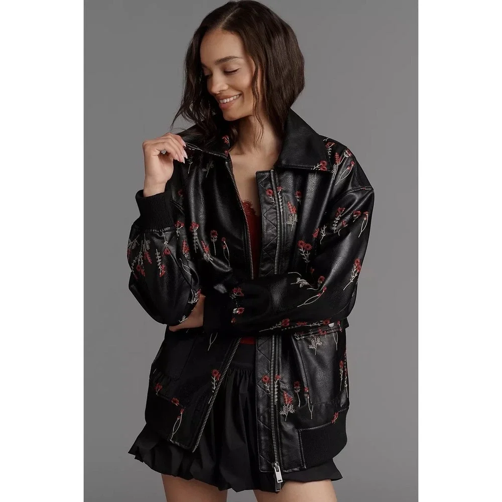 NWT Maeve Anthropologie Bomber Vegan Leather Jacket‎ M Floral Embroidered Black